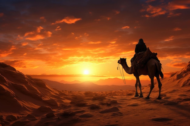 in the desert at sunset a merchant on a Chamel