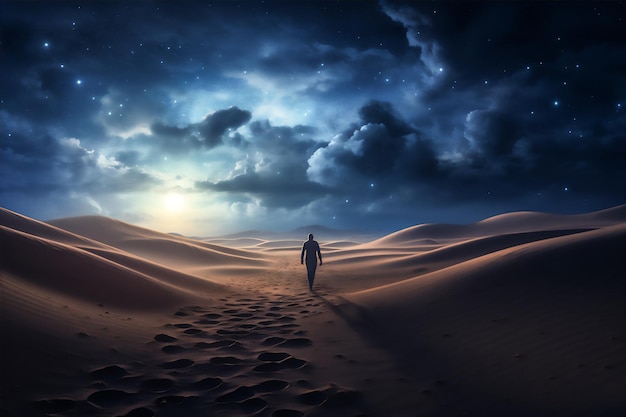 desert at sunset and night with the moon a man on camel doing a journey