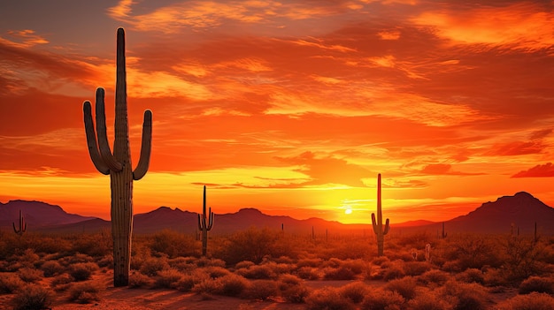 Desert sunset with cacti shadows silhouette concept