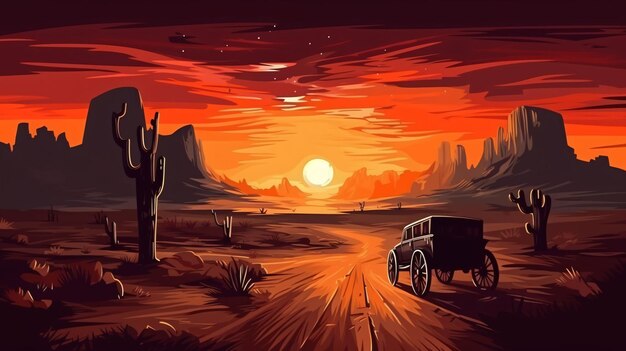 A desert sunset with a car on the road.