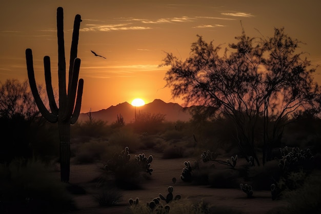 Desert sunset with view of wildlife and vegetation