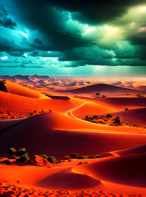 驚くほどリアルな砂漠の熱帯、鮮やかなネオンカラー、嵐と映画 ジェネレーティブ AI 生成