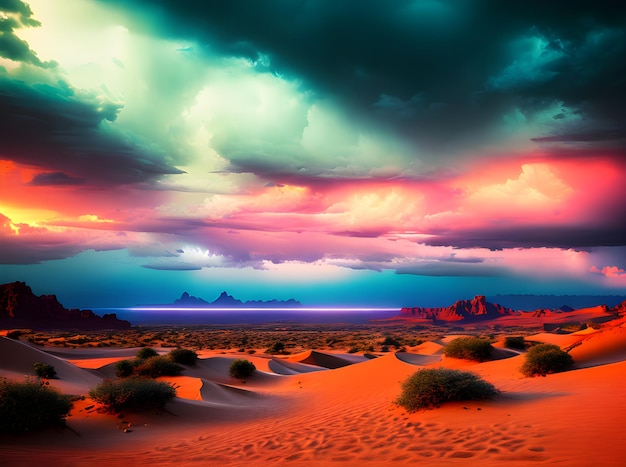 Desert tropical with stunning realism vibrant neon colors stormy and cine Generative AI Generated