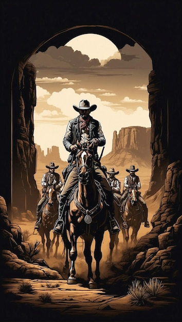 Photo desert wild west horses and cowboys vector illustration