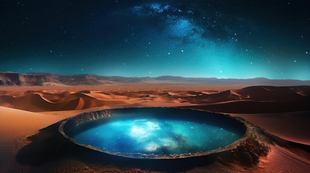 A desert with a blue sky and a pool with a star in the background.