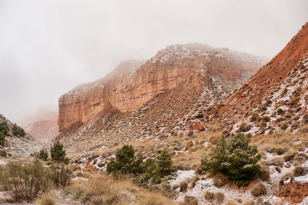 Desert with brown mountains partially covered with snow.