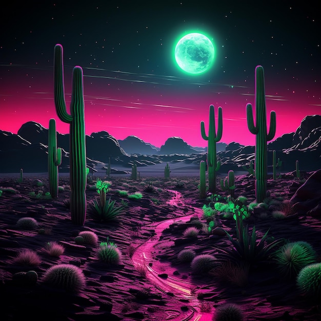 пустыня с кактусами, зеленая луна и фиолетовое небо.