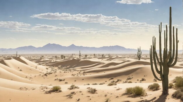 a desert with a cactus and mountains in the background and a blue sky