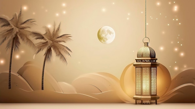 Desert with a lantern and palm trees on the background