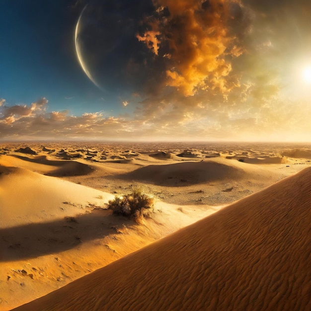 Photo a desert with a large round object in the sky