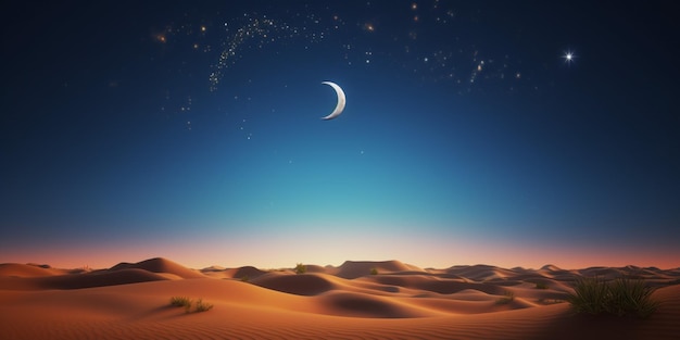 A desert with a moon and stars