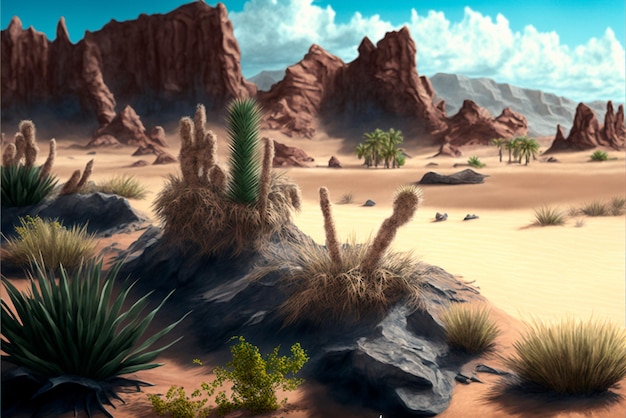 Desert with mountains cacti bushes