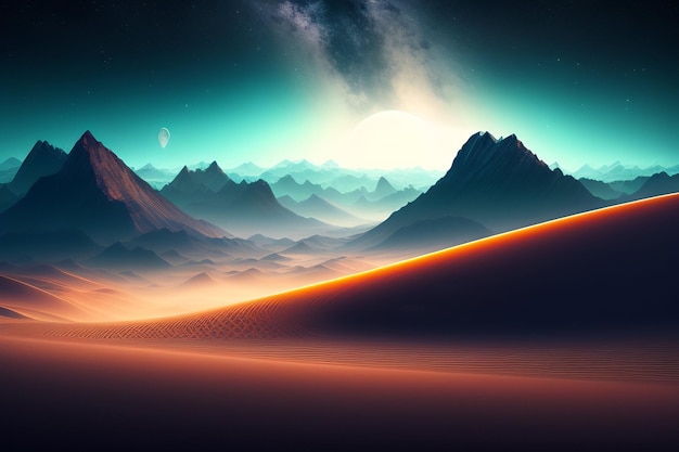 A desert with mountains and a moon on the horizon