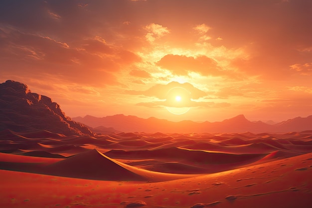 A desert with mountains and the sun