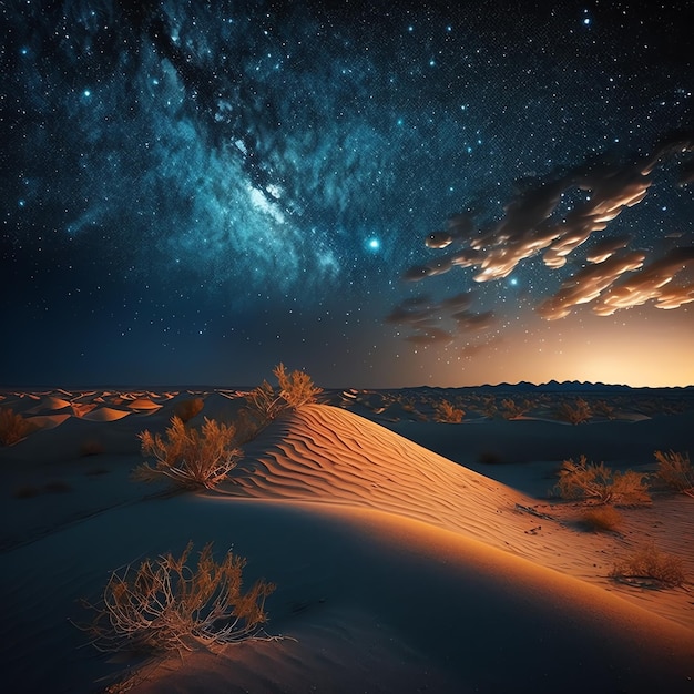 Photo a desert with plants and stars in the sky