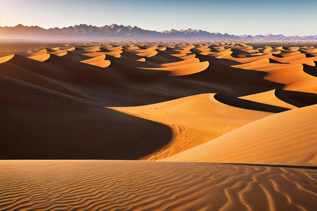 a desert with sand dunes and mountains in the background