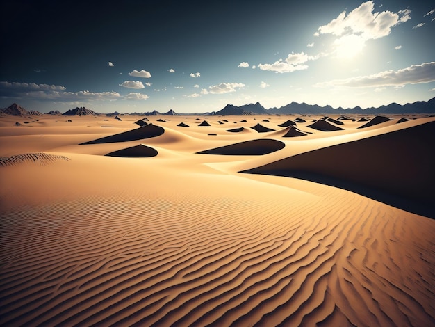 A desert with sand dunes and mountains in the background