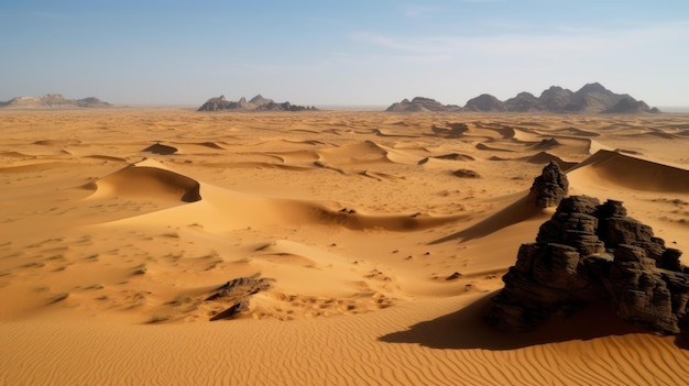 A desert with sand dunes and mountains in the background