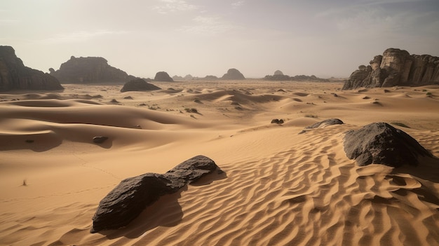 A desert with sand dunes and rock formations Generative AI