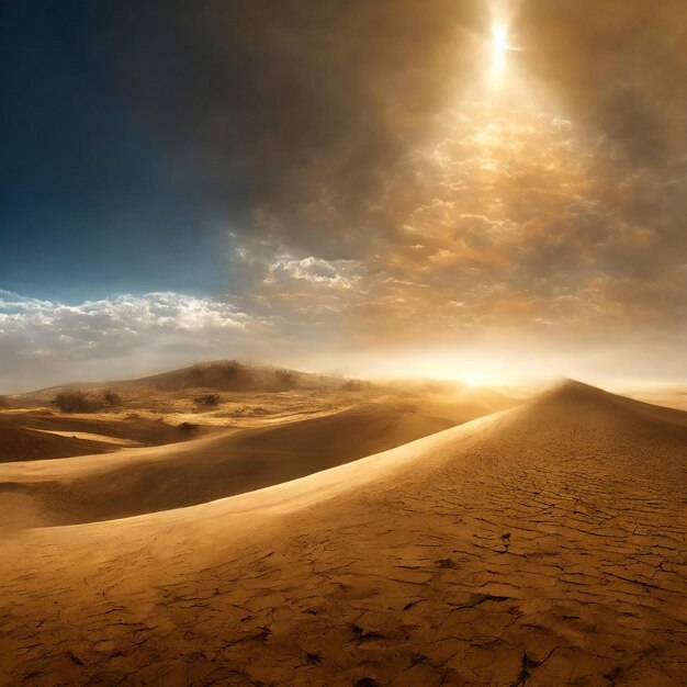 a desert with sand dunes and a sun in the background