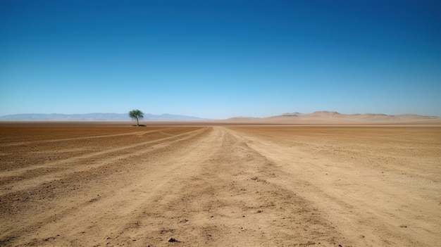 A desert with a tree in the foreground and a blue sky in the background.