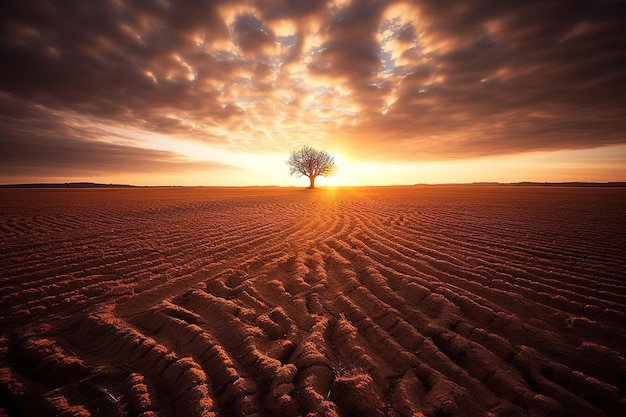 Foto un deserto con un albero in primo piano e il sole che tramonta alle sue spalle.