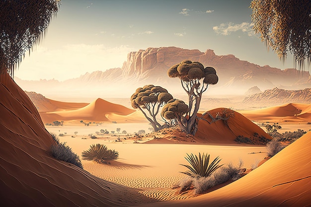 Пустыня с деревом выглядит чудом природы, где выделяется одинокое дерево Сгенерировано ИИ
