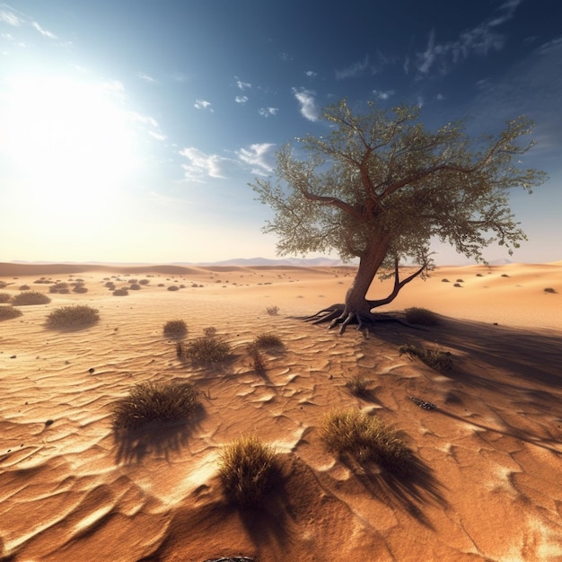 a desert with a tree and the sun shining on it.