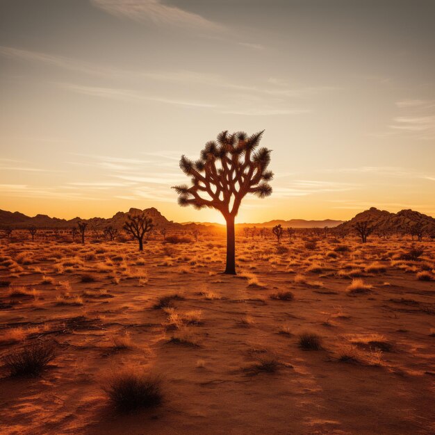 a desert with a tree and a sunset