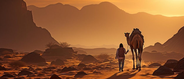 In the desert a young emirati is leading a camel