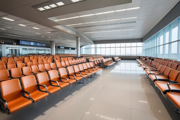 공허 한 공항 터미널 의 대기실 에 있는 빈 좌석 의 줄 들