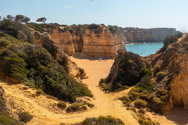 Deserted beach in summer at Praia da Coelha Algarve Albufeira Portugal