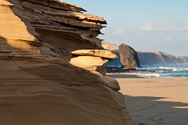 deserted beach with rock