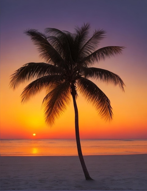 A deserted beach with a single palm tree silhouetted against the setting sun