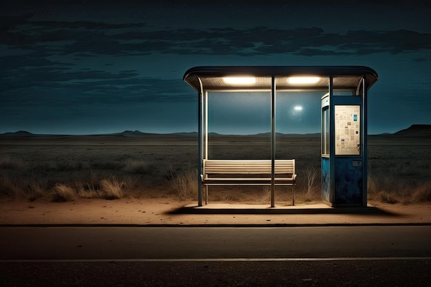 Пустынная автобусная остановка без признаков жизни ночью, созданная с помощью генеративного искусственного интеллекта