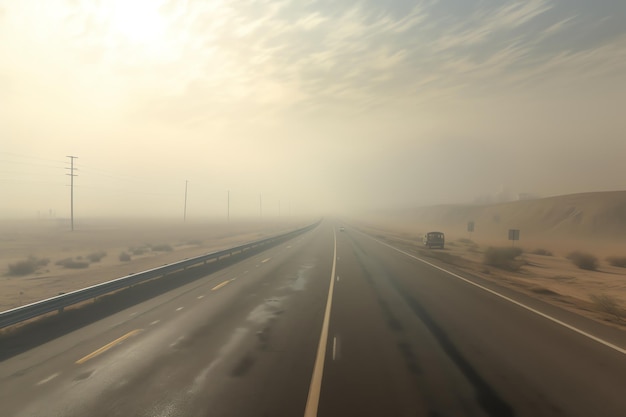 A deserted highway swirling dust storms
