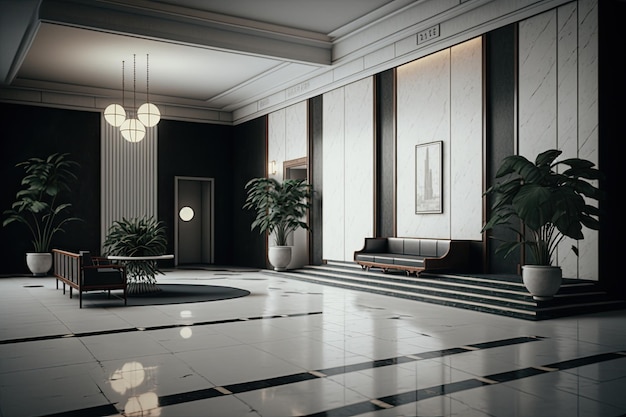 A deserted hotel lobby with sleek design and minimalistic decor created with generative ai