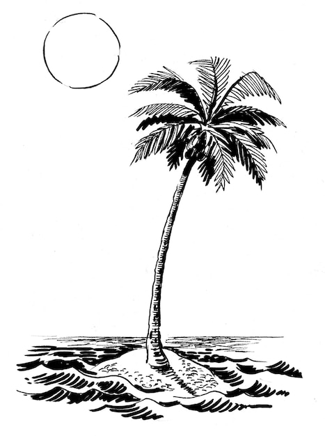 Deserted island with a palm tree. Ink black and white drawing