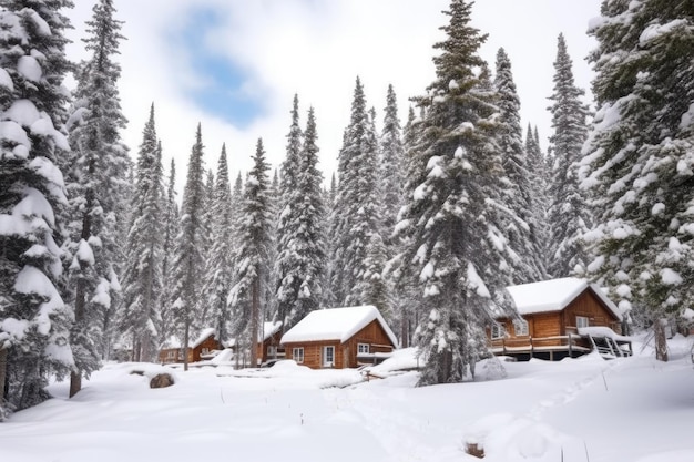 Deserted ski huts under snowblanketed pine trees