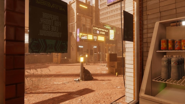 Пустынная улица киберподключенного города в 3D-рендеринге метавселенной