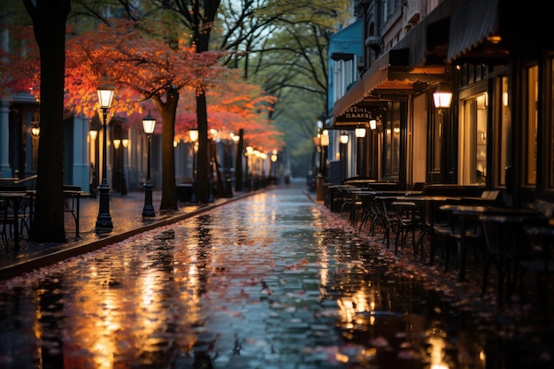 春の雨に輝く人気のない街並み生成IA