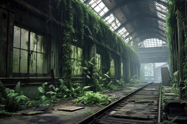 Deserted train station covered in ivy created with generative ai