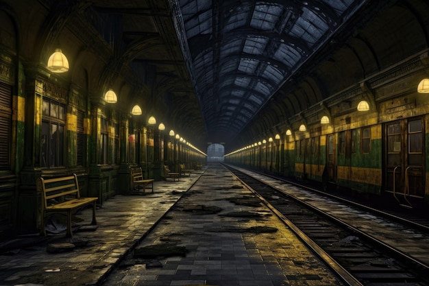 ジェネレーティブAIで作成された暗いライトを持つ荒れ果てた鉄道駅