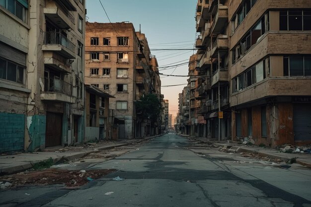 Deserted urban street with damaged buildings