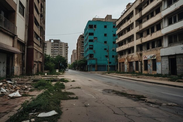 손상 된 건물 들 이 있는 버려진 도시 거리