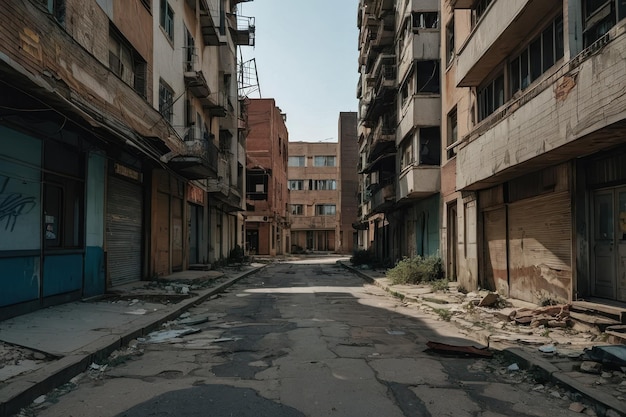 Deserted urban street with damaged buildings