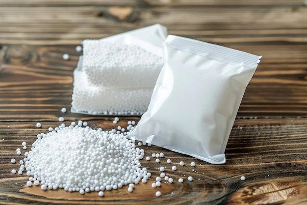 Desiccant or silica gel in white paper packaging and spread on the wooden background