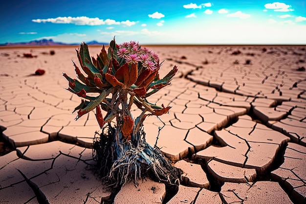 Foto pianta di asciugatura della terra asciugata in un paesaggio desertico secco e fratturato ai generativa