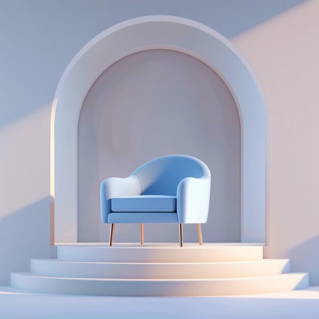 Проектируйте 3D-иллюстрацию с современным синим стулом на фоне простой, но элегантной студии, символизирующей открытость и потенциал работы.