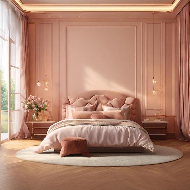 Design a 3D rendering of a romantic bedroom scene with soft lighting and elegant decor